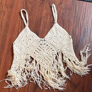 Cream Crochet Fringe Crop Top